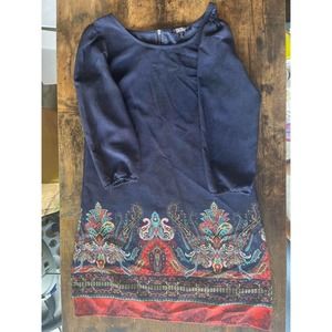 Small Women’s Floral Pattern Navy Blue Dress Navy Blue 3/4 Sleeve